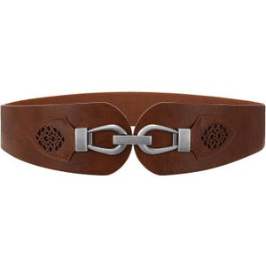 Womens Western Wide Waist Belt for Dress Vintage Stretchy Elastic Belt with Chunky Gold Buckle (Brown)