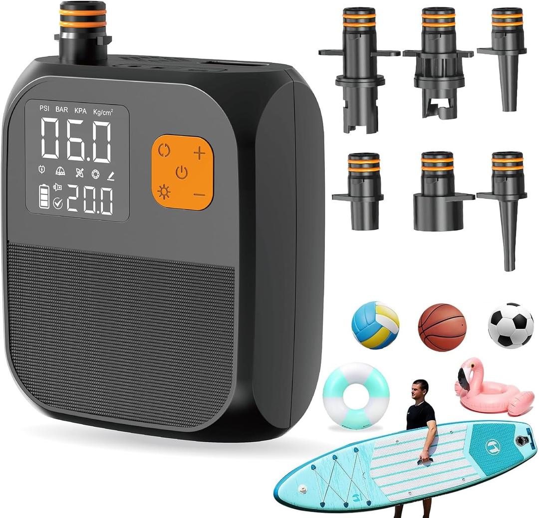 Fisca Paddle Board Pump, 25PSI Portable Rechargeable SUP Air Pump, Quick Inflate & Deflate/Auto Off & Car Adapter Electric Air Compressor for Stand up Paddle Boards, Kayak, Tent