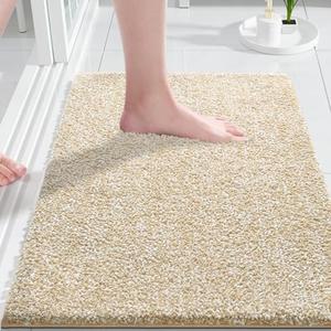 Yimobra Bathroom Rugs Non Slip Washable 24x17, Ultra Soft Absorbent Microfiber Bath Mat, Dual-Tone Decor Rug with Rubber Backing for Bathroom Floor, Tub and Shower, Home Essentials,Light Beige & white