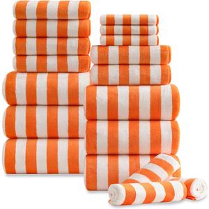 18 Pcs Orange Cabana Stripe Family Towels Set with Hanging Loop-6 Bath Sheets,6 Hand Towels,6 Washcloths Ultra Soft Bathroom Towel Highly Absorbent Quick Dry Shower Towel for Beach Chair,Spa,Gym,Hotel