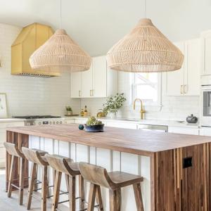 Arturesthome 1 Light Rattan Pendant Light, Coastal Rustic Wood Ceiling Lighting Fixture, Vintage Farmhouse Lampshade Chandelier Hanging Lamp Shade for Kitchen Island Dining Room (50cm)