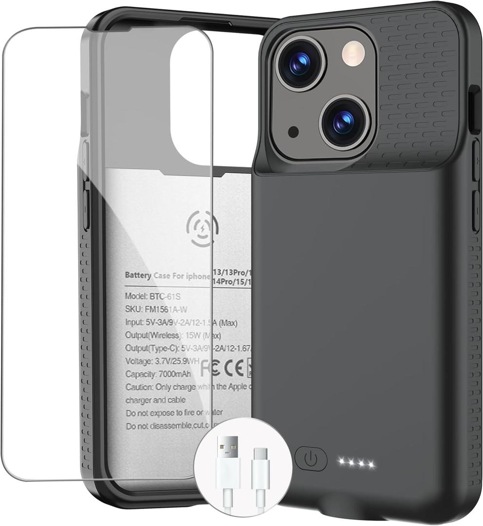 Battery Case for iPhone 13/13 Pro/14/14 Pro/15/15 Pro, Ultra-Slim Wireless Fast Charging Case Extend Rechargeable Anti-Fall Soft-TPU Charger Case for iPhone 13/13 Pro/14/14 Pro/15/15 Pro 6.1" (For iPhone 15 & 15 Pro (6.1 inch), Black)