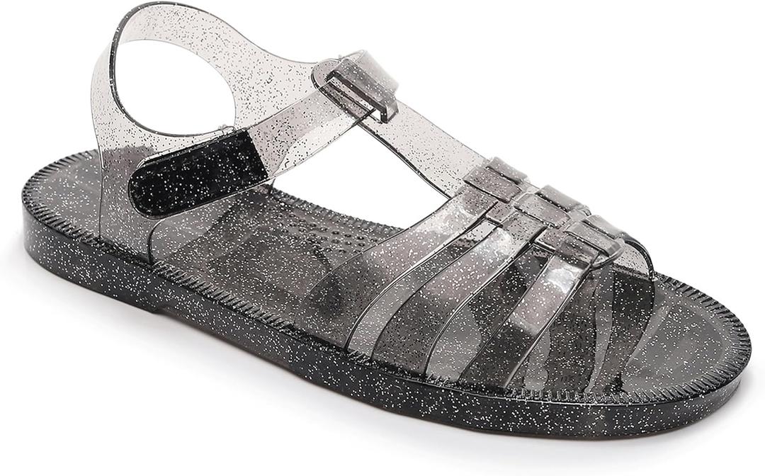 Toddler Sandals Jelly Shoes Girls Unisex Boy Flat Retro Slides Clear Kids Water Slippers Slingback Summer Beach Size 8 Adjustable Buckle Glitter Dress Soft (Black)