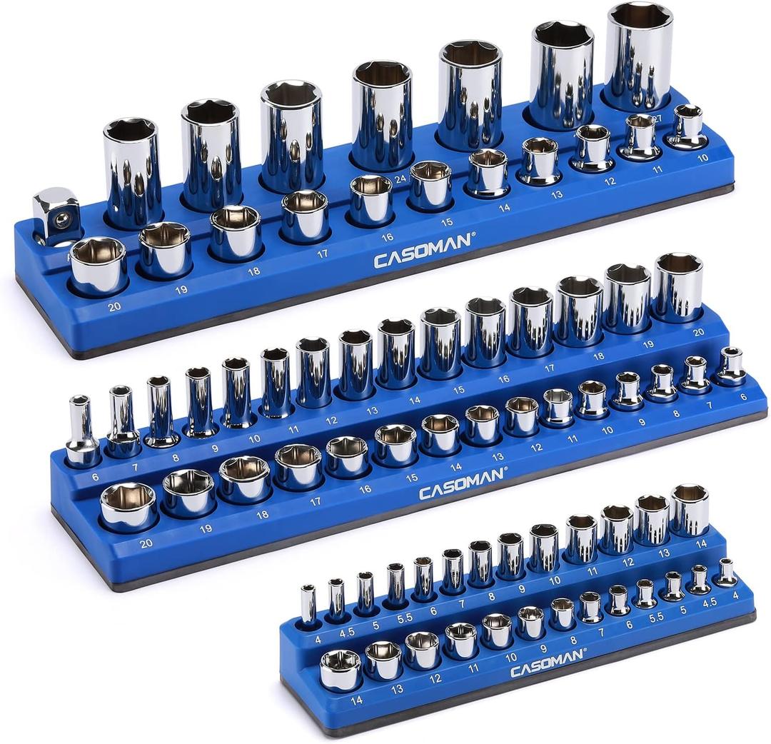 CASOMAN Magnetic Socket Organizer, 3 Piece Socket Holder Kit, 1/2-inch, 3/8-inch, 1/4-inch Drive, Holds 75 Metric Sockets, Blue Color, Professional Quality Tools Organizer, Socket Not Included
