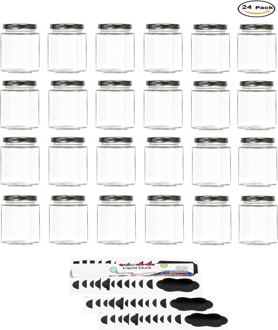 Hexagon Glass Jars by Nellam - 6oz, 24 Pack. Includes 48 Chalk Sticker Labels and 2x Chalk Pen. DIY Jars for Canning, Party Favors, Jams, Sauces, Herbs, Spices. (Silver Lid - 24 Pcs)