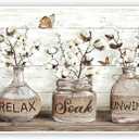 BJVJKSU Farmhouse Bathroom No Frame Poster Rustic Cotton Flower Unframed Canvas Wall Art Relax Soak Unwind Sign Painting Print Wall Decor Vintage Picture Artwork Decor(16x24in Unstretched Canvas)