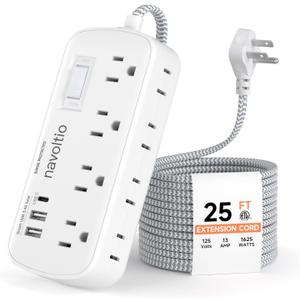 Extension Cord 25 FT Multiple Outlets - Surge Protector Power Strip 8 AC Outlets 3 USB (3.4A 17W) 1080 Joules Flat Long Braided Cord Wall Mountable for Home College Dorm 13A 1625W