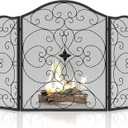 Fireplace Screen 3 Panel Wrought Iron 50"(L) x 36"(H) Modern Stylish Foldable Safety Fire Place Fence Spark Guard Cover Black