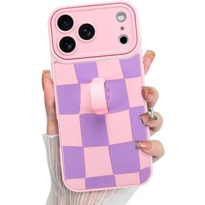 KANGHAR Compatible with iPhone 17 Pro Case 2025, Silicone Checkered Cute Pattern, Wristband Kickstand Camera Protection Soft Slim Cover for Girls Women -Pink Purple