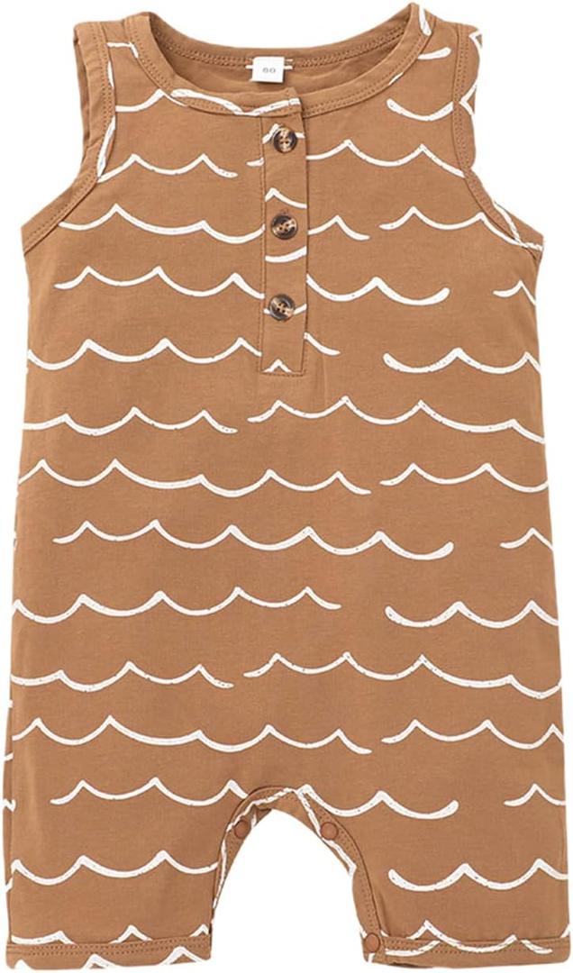 Newborn Infant Baby Boy Girl Button Wave Printed Solid Color Romper Bodysuit Casual Boxer Jumpsuit Outfits Clothes (60/0-3M, Brown)