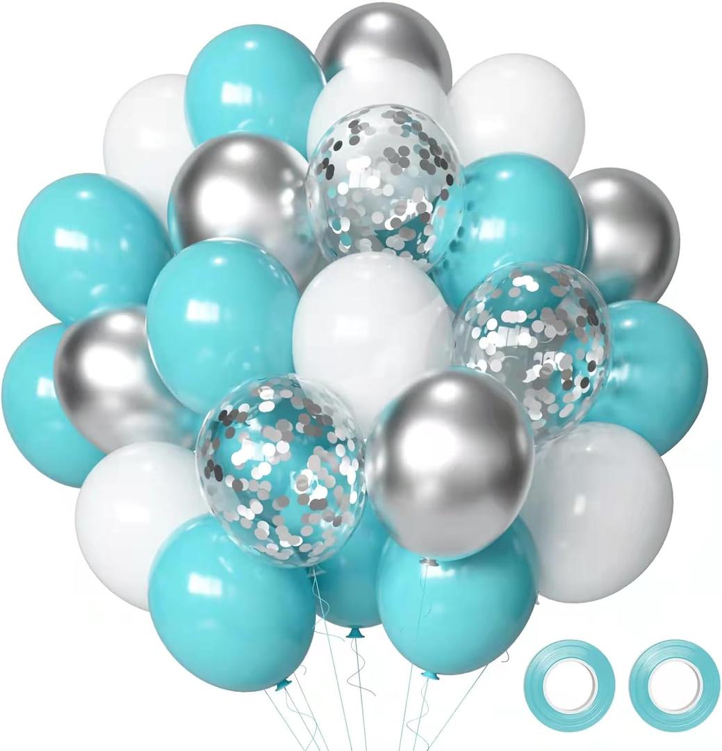 Teal Blue Silver White Balloons, 50Pcs Teal and Silver Balloons Turquoise Blue White Silver Confetti Latex Balloons for Wedding Bridal Shower Birthday Graduation Party Decorations