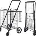SUPER DEAL Folding Shopping Cart with Wheels and Double Basket for Groceries Laundry Book Luggage Travel, Black