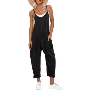 ANRABESS Jumpsuits for Women Casual Summer Overalls Sleeveless Spaghetti Strap Romper Jumpers Trendy Beach Vacation Outfits (Medium, Black)