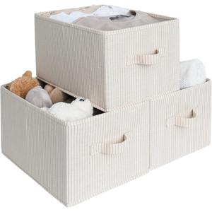 StorageWorks Storage Baskets for Shelves, Foldable Fabric Closet Storage Bins with Handles, Fabric Storage Bins Clothes Organizer, Beige Stripes, 3-Pack, Large (14 " L x 10 " W x 8" H)