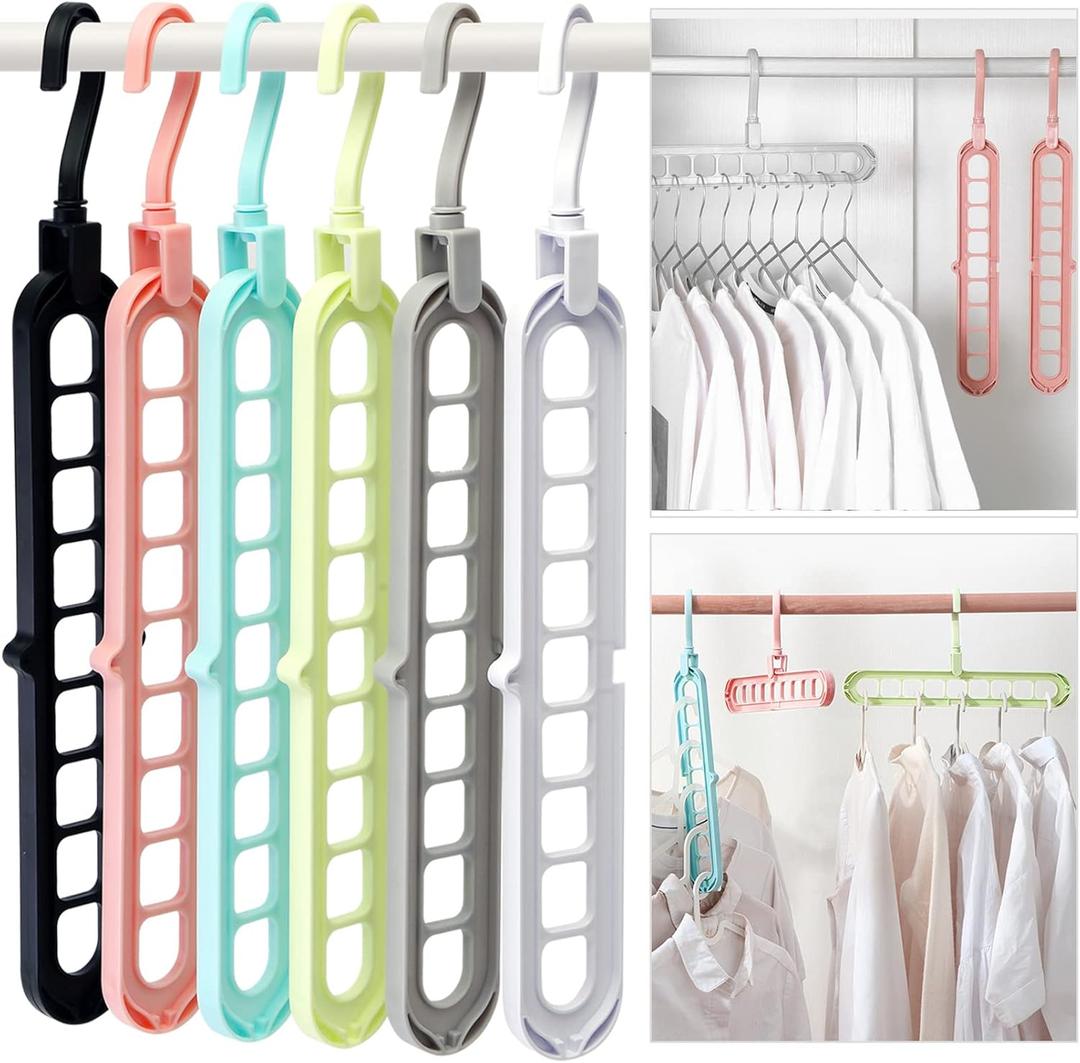 Closet Organizers and Storage,College Dorm Room Essentials,Pack of 6 Multifunctional Organizer Magic Space Saving Hangers with 9 Holes Storage Organization for Wardrobe Closet (Multicolor)