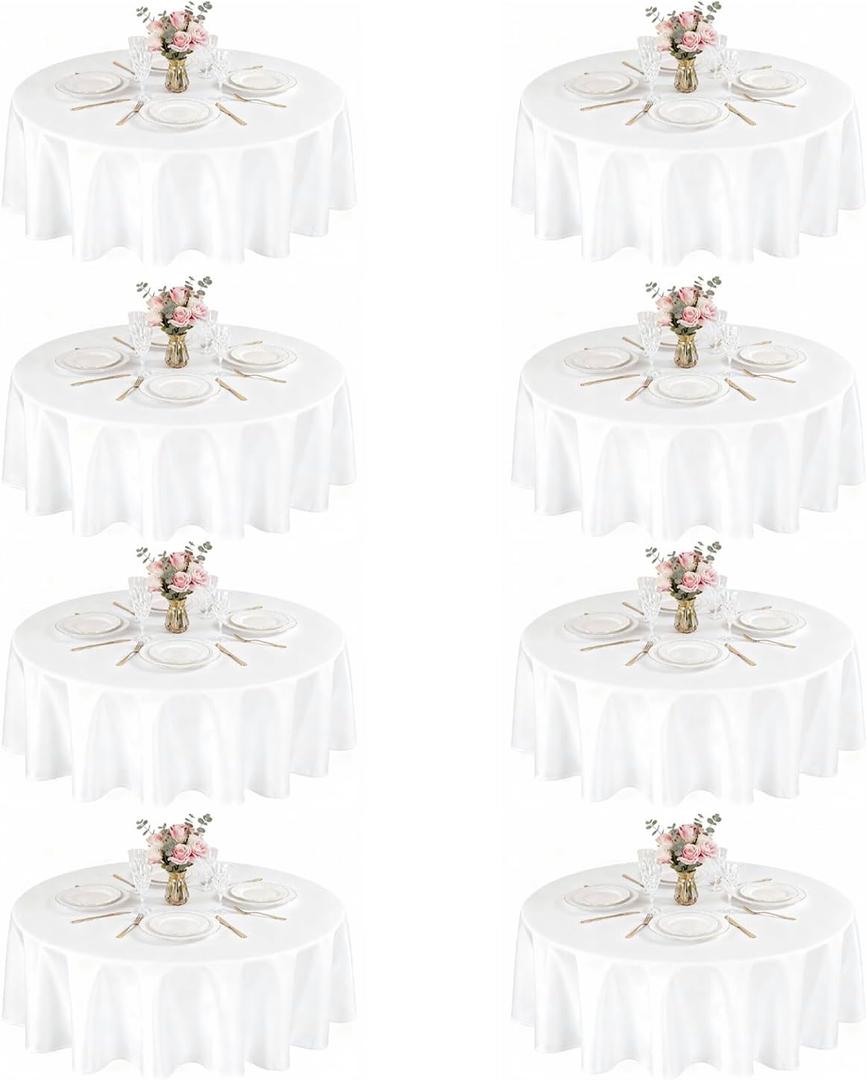 8 Packs White Tablecloths for Round Tables, 120 Inch Stain Resistant and Wrinkle Polyester Fabric Washable Table Clothes Cover for Kitchen Dining, Wedding, Reception Banquet, Birthday Party