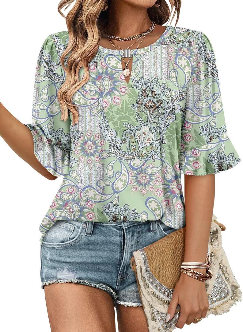 Magritta Womens Business Casual Tops Summer Fashion 3/4 Ruffle Sleeve T Shirts Dressy Casual Tunic Blouse, M