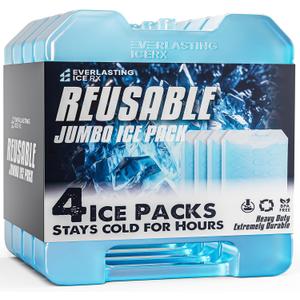 Everlasting Ice RX Large Reusable Ice Packs for Cooler with Handle (4 Pack) Long Lasting Coolness, BPA Free, Freezer Packs for Extended Cooling | Cooler Ice Packs for Camping, Fishing, Hiking, Beach, Jumbo XL