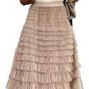 Long Tulle Skirt for Women Trendy High Waisted A Line Fluffy Fairy Mesh Layered Ruffle Skirt(Khaki, S)