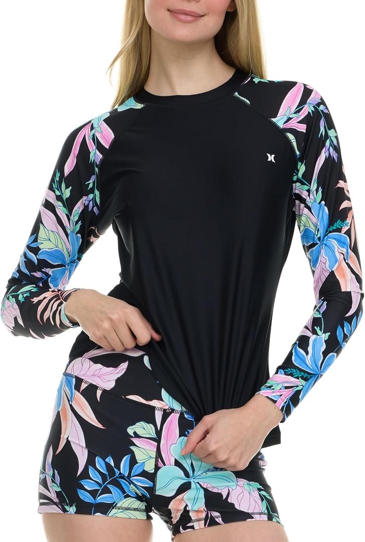 Hurley Womens Two Piece Rash Guard & Swim Shorts, Long Sleeve Swim Shirt, Quick Dry Swimsuits UPF 50+ SPF Sun & UV Protection (Medium, Black Multi)