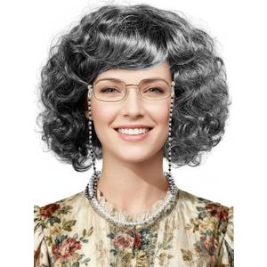 Old Lady Wig for Women Gray Granny Curly Wig with Necklace and Glasses for Halloween Costume Party Cosplay
