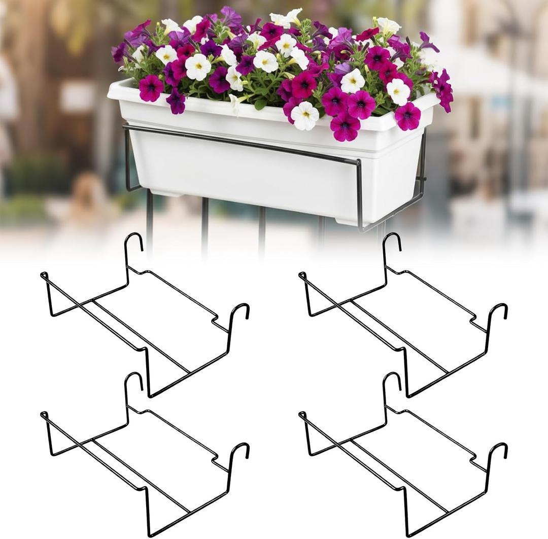 4 Pack Railing Flower Planter Box Holder Window Planter Box Brackets Planters Railing Bracket Hanging Iron Art Rack Shelf for Balcony Garden Patio Indoor Outdoor