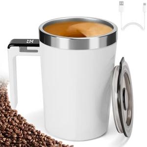 Yummy Sam 13.5 Oz Self Stirring Coffee Mug with Temperature and Battery LED Display, Automatic Rechargeable Milk Coffee Mixing Cup with Lid, Cocoa Hot Chocolate Juice Mixer for Home Office (White)