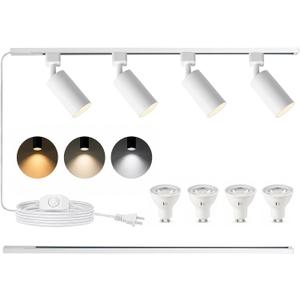 3-Color Plug in Track Lighting Dimmable with Power Cord, 4-Light Track Lighting Kit with 3.3FT H Type Track Lighting Rails, Modern Kitchen LED Track Lighting Fixtures Ceiling Spot Light, White