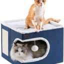 Cat Bed for Indoor Cats Cube House, Covered Cat Cave Beds & Furniture with Scratch Pad and Hideaway Tent, Cute Modern Cat Condo for Multi Small Pet Large Kitten Kitty, Navy (16.5"D x 16.5"W x 13"H)