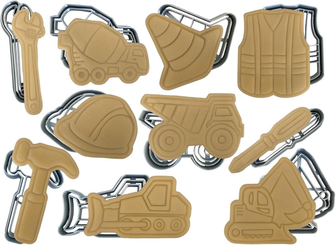 Construction Cookie Cutters - Set of 10 Cookie Cutters for Kids Birthday Party or Themed Parties - Includes Dump Truck, Cement Truck, tools, safety vest, excavator, bulldozer & others