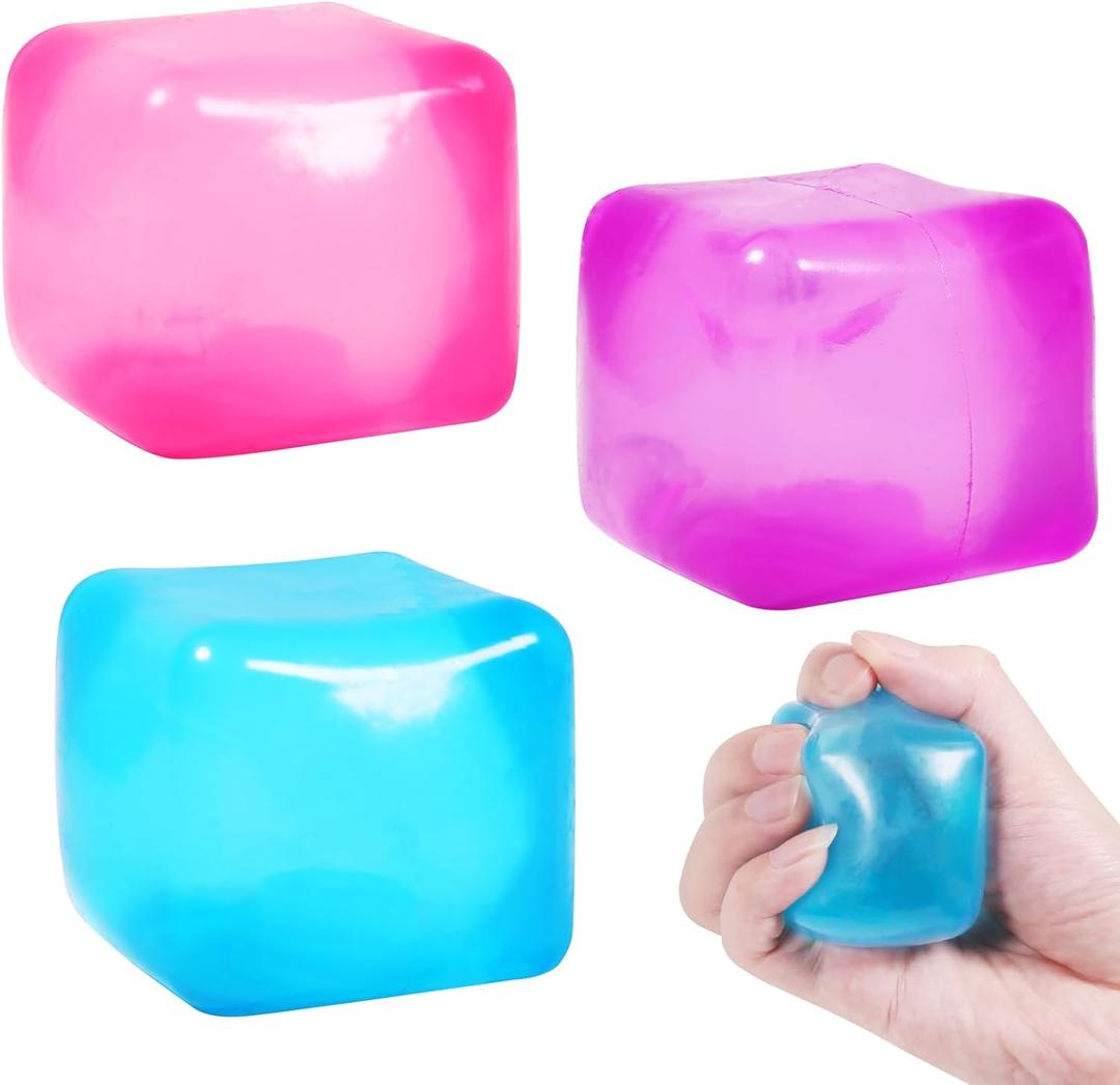 3pack Stress Cube Squishy Stress Balls for Adults Kids Fidget Toy for Your Best Mellow and Chill -Ice Cubes-Square Shape with Filling in Pink Purple Blue (3pcs Cube )