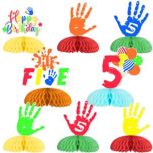 Funmemoir 8pcs Hi Five Birthday Party Decorations, 5th Birthday Decorations for Boys Girls Honeycomb Centerpiece Table Decor for 5 Year Old Birthday Decorations Table Topper