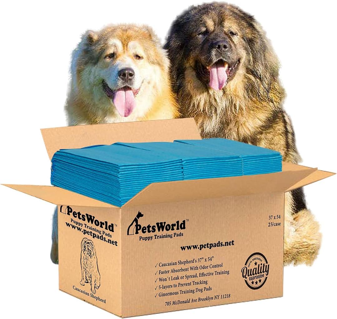 PetsWorld Enormous Dog Pee Pads 37"x54" 25 Count XXXL Pet Pee Pads for Giant Dogs & Pets, Heavy Duty Leak-Proof Dog Training Pads, Super Absorbent Quick-Dry Potty Pads with Adhesive Tabs