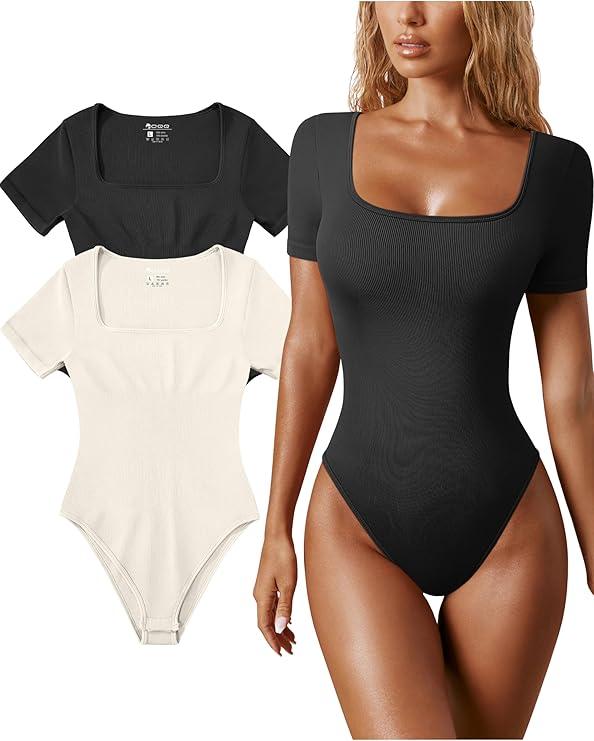 OQQ Women's 2 Piece Bodysuits Sexy Ribbed One Piece Square Neck Short Sleeve Bodysuits Black White. Large