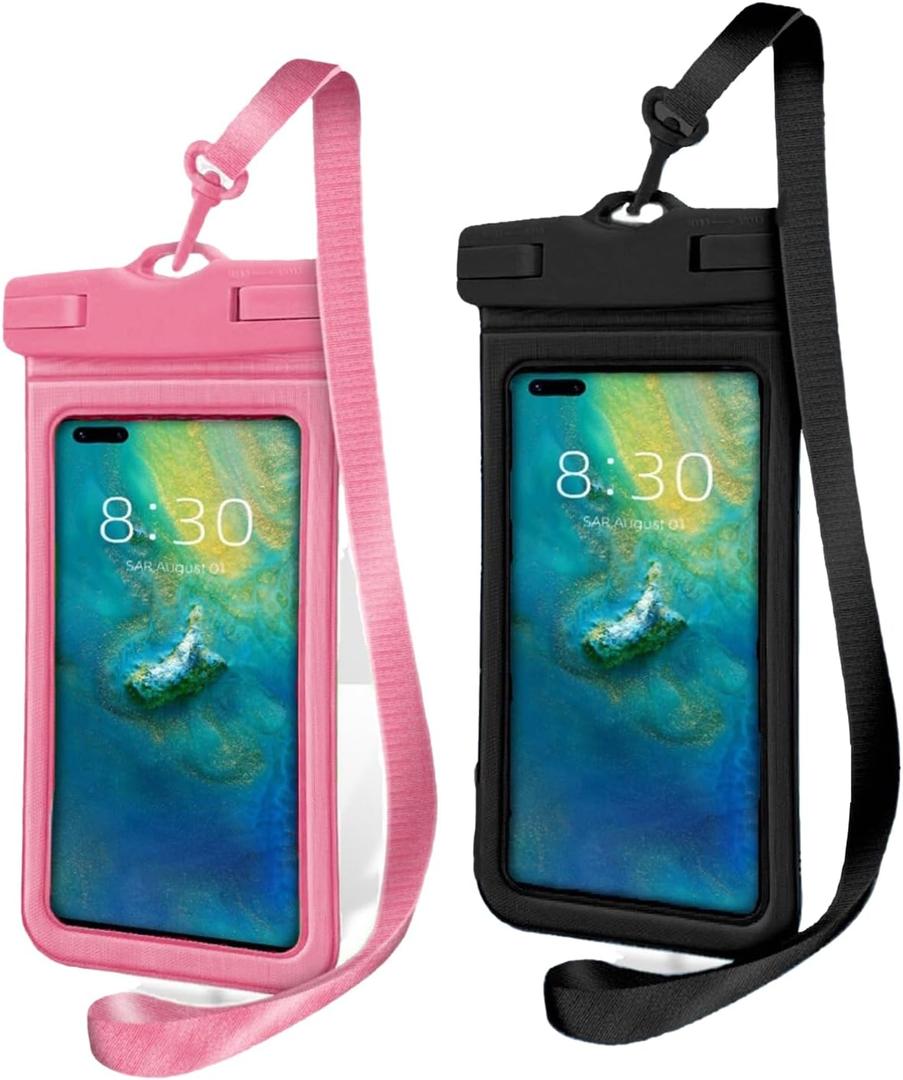 IPX8 Waterproof Phone Case (2-Pack) - Universal Waterproof Phone Pouch for iPhone, Samsung, Pixel up to 7 | Clear Touchscreen for Swimming, Snorkeling, Kayaking & Beach (Pop Pink and Shadow Black)