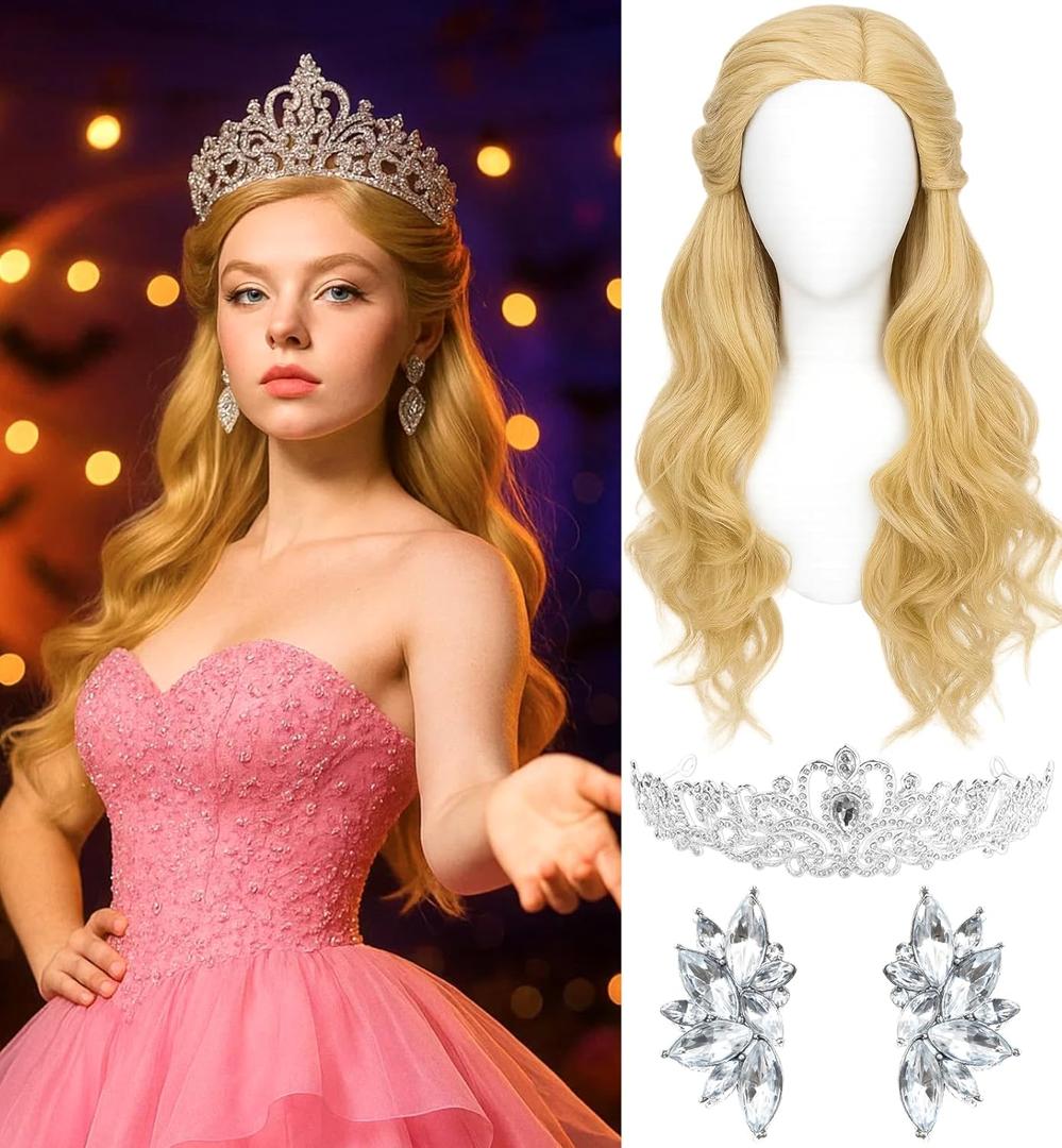 Swooflia Blonde Wavy Wig for Women & Cosplay Accessories - Convenient Set Includes Adjustable Wig Cap, Crown, Earings, Cosplay Wig for Halloween, Costume, Party and Daily Use (Wig2-19)