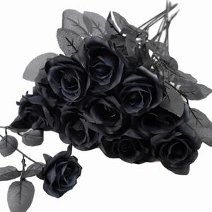 TUZAZO 10pcs Black Roses Artificial Flowers with Stems, Faux Silk Flowers Bridal Gothic Wedding Bouquet, Realistic Blossom Flora for Home, Office, Hotel Decorations