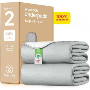 IMPROVIA Washable Underpads 34" x 52" Pack of 2 Heavy Absorbency Reusable Bedwetting Incontinence Pads for Adults, Kids, & Pets - Waterproof Protective Pad for Bed, Couch, Sofa, Floor (Gray & White)