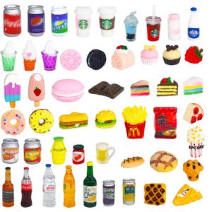 50 Pcs Miniature Food Drink Bottles Soda Pop Cans Pretend Play Kitchen Game Party Accessories Toys Hamburg Cake Ice Cream for 1/12 Doll House (25Food+25Drink)