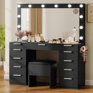DWVO Makeup Vanity Desk, 46" Vanity Set with Mirror and Lights, 11 Storage Drawer, Power Outlet, Chair, Makeup Table Set with Magnifying Glass