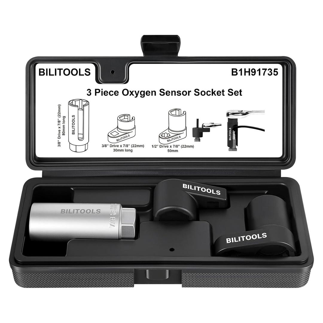 BILITOOLS 3-Piece O2 Oxygen Sensor Socket Set, Offset Oxygen Sensor Wrench Set 7/8" (22mm) x 3/8" & 1/2" Drive