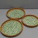 Set of 3 Rattan Tray with Mother of Pearl Inlay, Round Serving Trays for Coffee Table, Decorative Wicker Woven Ottoman Tray for Table Home Decor, Kitchen, Coffee, Bread, Fruits