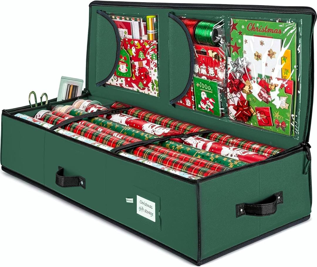 ZOBER Gift Wrapping Paper Organizer Storage - 40" Gift Wrap Storage Containers with Interior Pockets for Bows, Tags & Ribbons - Wrapping Paper Holder, 600D Oxford, Fits 24 Standard Rolls, Green/Black
