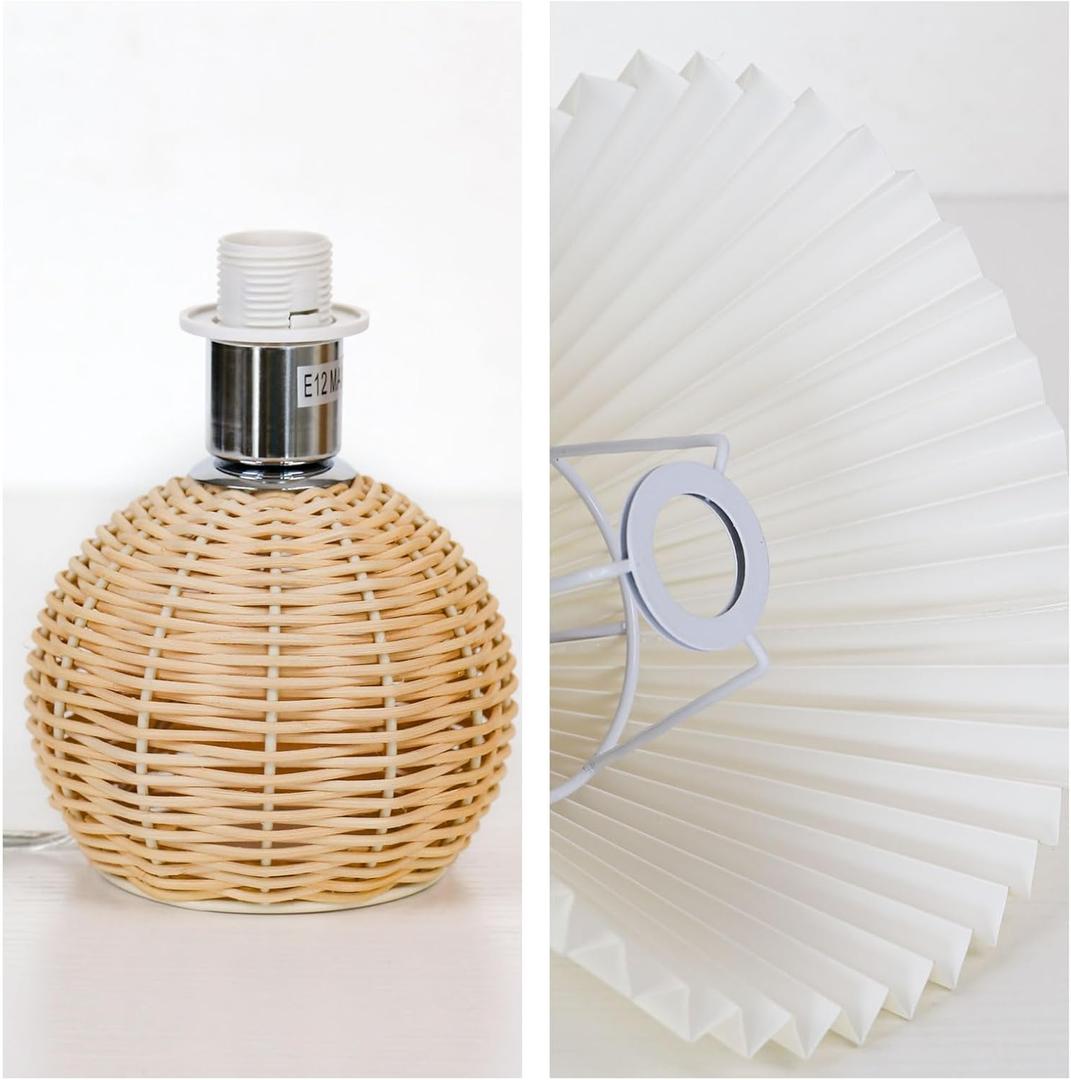Pleated Table Lamp, Modern Bedside Nightstand Lamp with Beige Lampshade Rattan Metal Base, Desk Light for Bedroom Living Room Home Office Decor with E12 Bulb