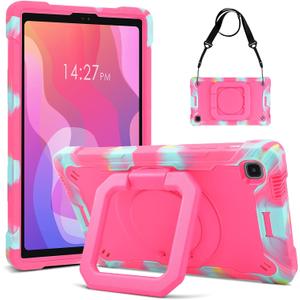 DETUOSI Case for Samsung Tab A7 Lite 8.7 inch 2021 Release SM-T220/T225/T227u, Shockproof Protective Cover for Galaxy Tab A7 Lite 8.7 inch (360Rotatable Stand & Shoulder Strap), Camouflage Rose Red