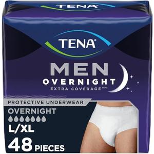 TENA Men Overnight Extra Coverage Underwear for bladder control, Masculine, Discreet, L/XL, 48 Count (Waist size 44in-64in)