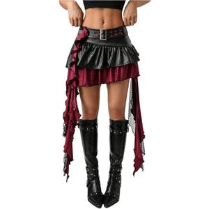 SOLY HUX Y2k Women's Faux Leather Plaid Ruffle Mini Skirt Low Waist Asymmetric Hem Outing Skirts (Black, M)