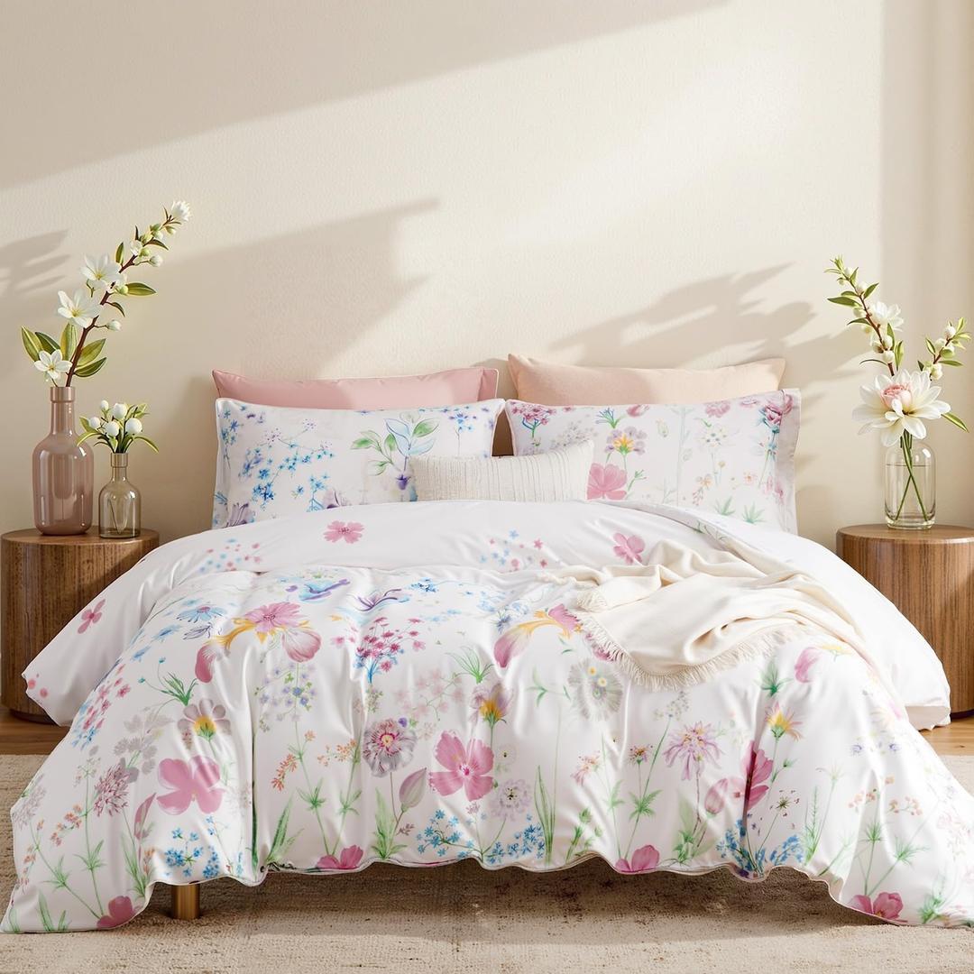 Nayoroom Floral Duvet Cover Set Queen Size Purple Pink Watercolor Flowers Green Plant Leaves Printed on White Comforter Cover 3Pcs Soft Microfiber Garden Style Bedding Set with Zipper Closure