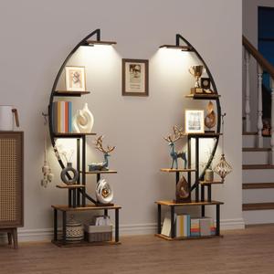 Tall Bookshelf with Lights, 2 Pack Ladder Bookcase, 7 Tier Arched Home Office Storage Book Collectibles Shelves, 64" Modern Corner Display Shelf for Bedroom Living Room Balcony, Rustic Brown