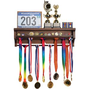 Trophy Medal Display Shelf Wood, Medal Hanger Display with Trophy Shelf for Gymnastics, Football Basketball, Soccer and Other Sports with Race Bib Board (Walnut)